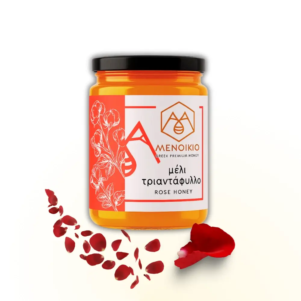 Γυάλινο Βάζο με μέλι τριαντάφυλλο Μενοίκιο – φυσικό μέλι αρωματισμένο με ροδοπέταλα, γλυκό και εκλεπτυσμένο.